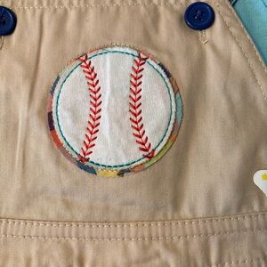 Boys Khaki Overalls 2 Piece 3-6 Months Baseball Accents And Cute Buttons T Shirt